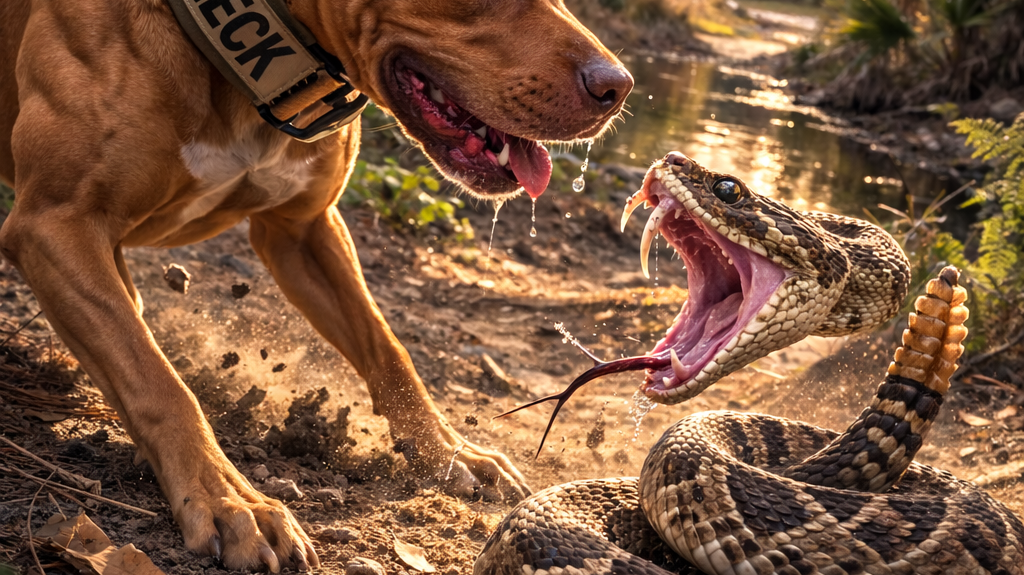 Pitbull facing off with a rattlesnake.