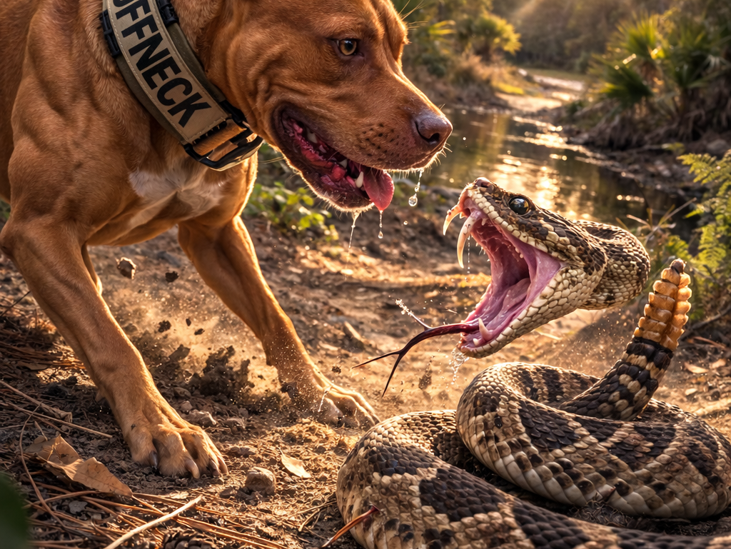 Pitbull facing off with a rattlesnake.