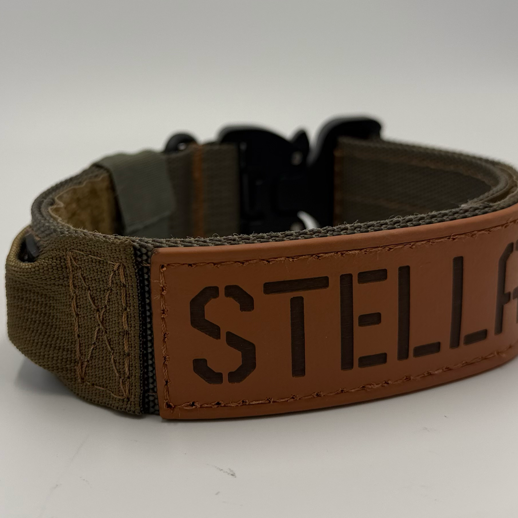 Titan Tactical Dog Collar featuring 1.5" Mil-Spec 4015 nylon webbing, a genuine AustriAlpin COBRA® buckle, RuffLock Retained Handle System, and the exclusive RuffTag Personalized BioThane Identification System. Handmade in the USA by American Ruffneck Collars. Biothane Tag close up.