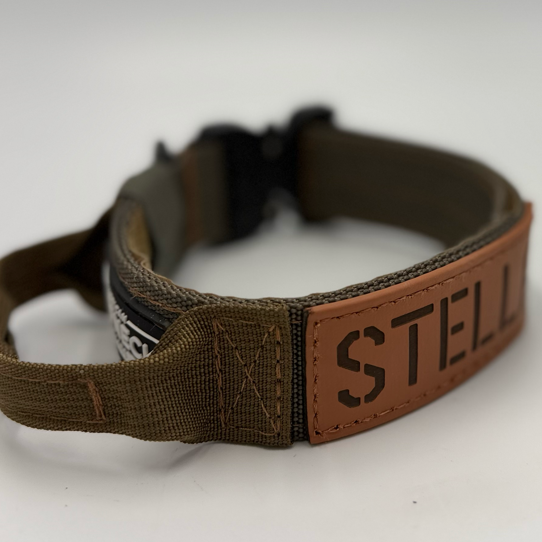 Titan Tactical Dog Collar featuring 1.5" Mil-Spec 4015 nylon webbing, a genuine AustriAlpin COBRA® buckle, RuffLock Retained Handle System, and the exclusive RuffTag Personalized BioThane Identification System. Handmade in the USA by American Ruffneck Collars. Integrated handle is deployed.