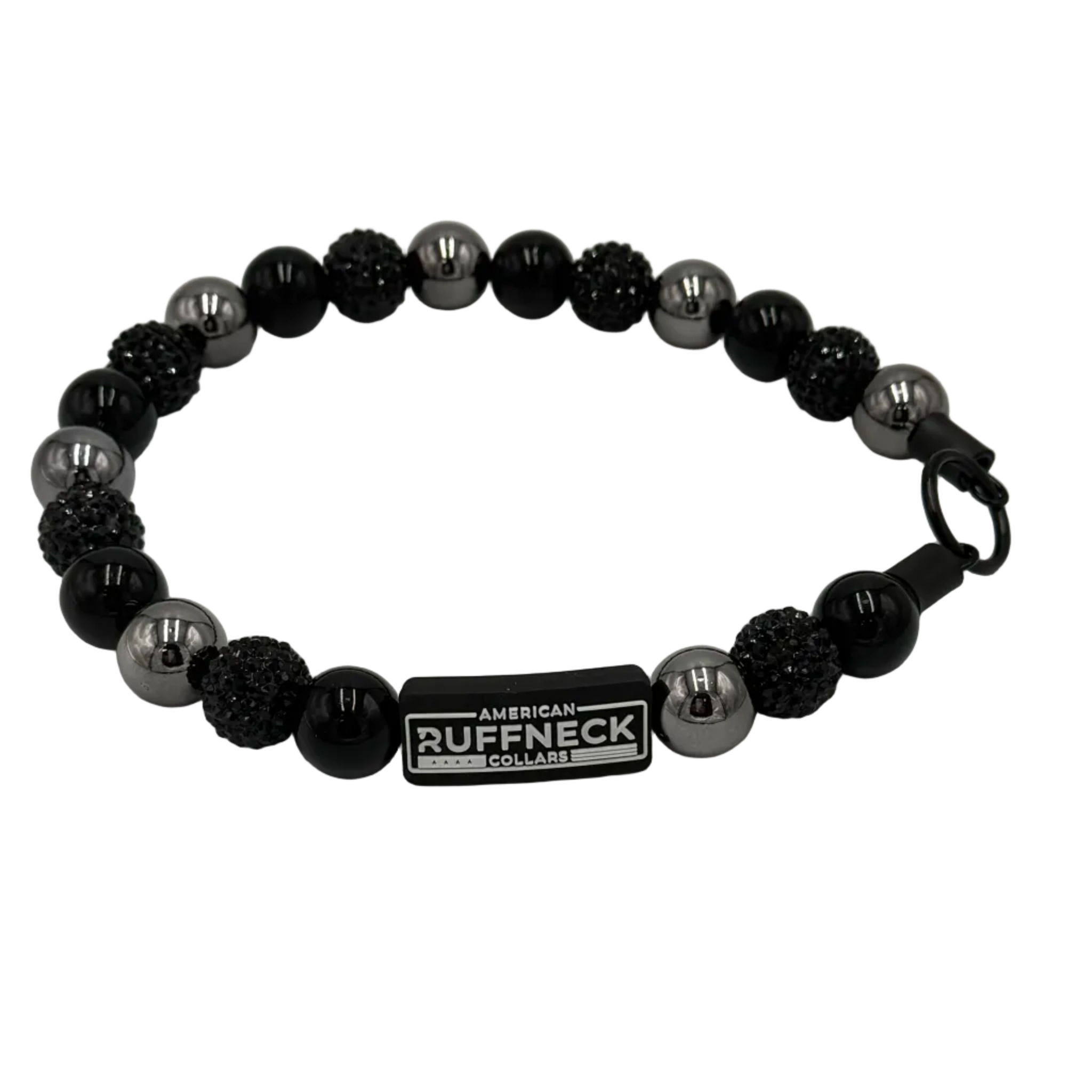 Black and silver beaded dog collar with a Ruffneck label on a white background