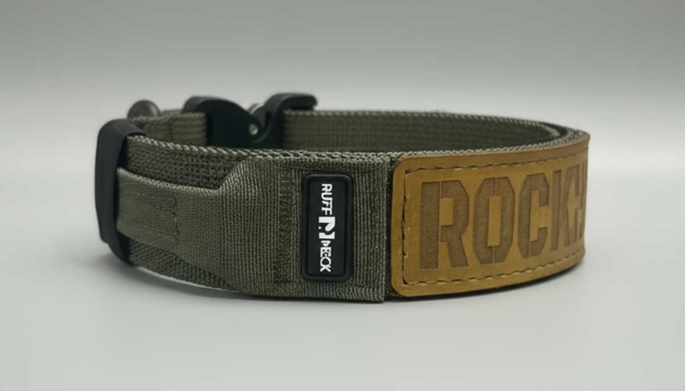American Ruffneck Collars Titan Tactical Collar with durable nylon strap and metal buckle, designed for secure and rugged dog training.