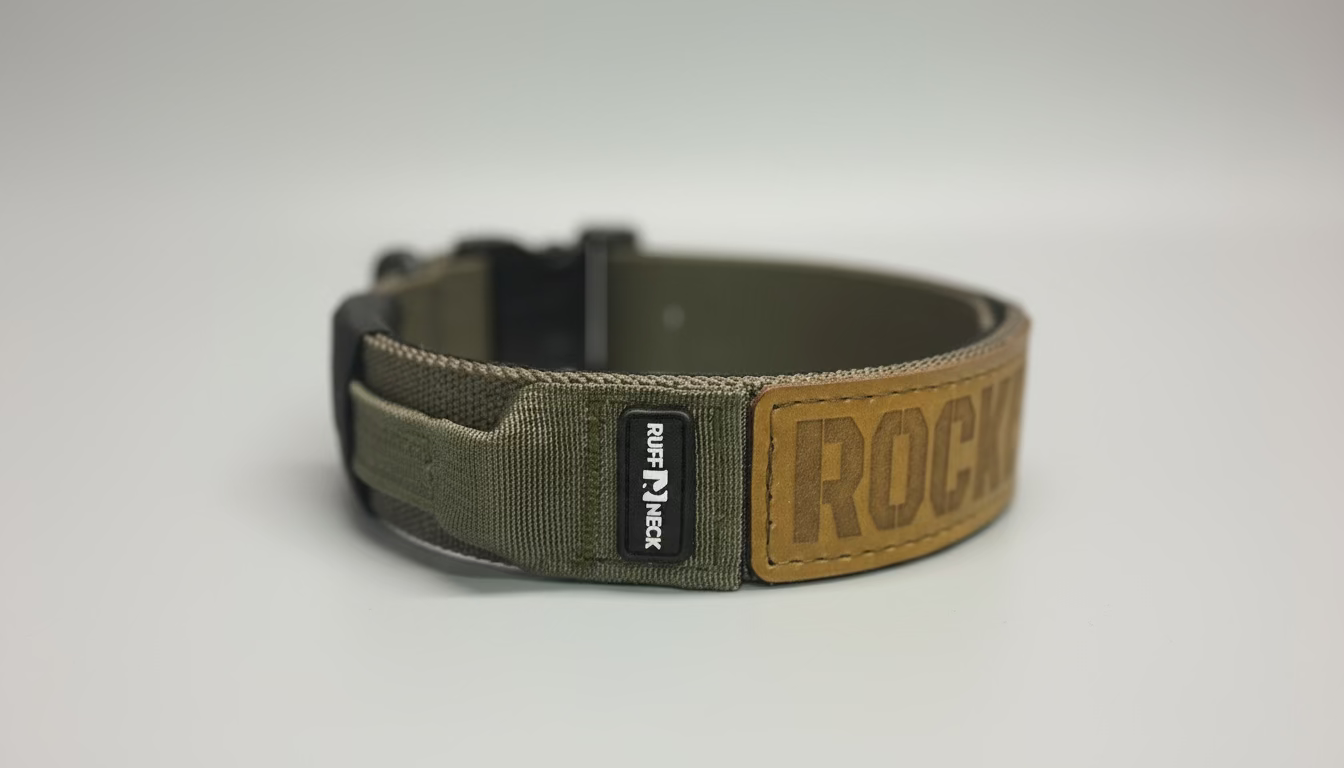 American Ruffneck Titan Tactical Collar with sturdy nylon strap and metal buckle, designed for durable, secure dog control.