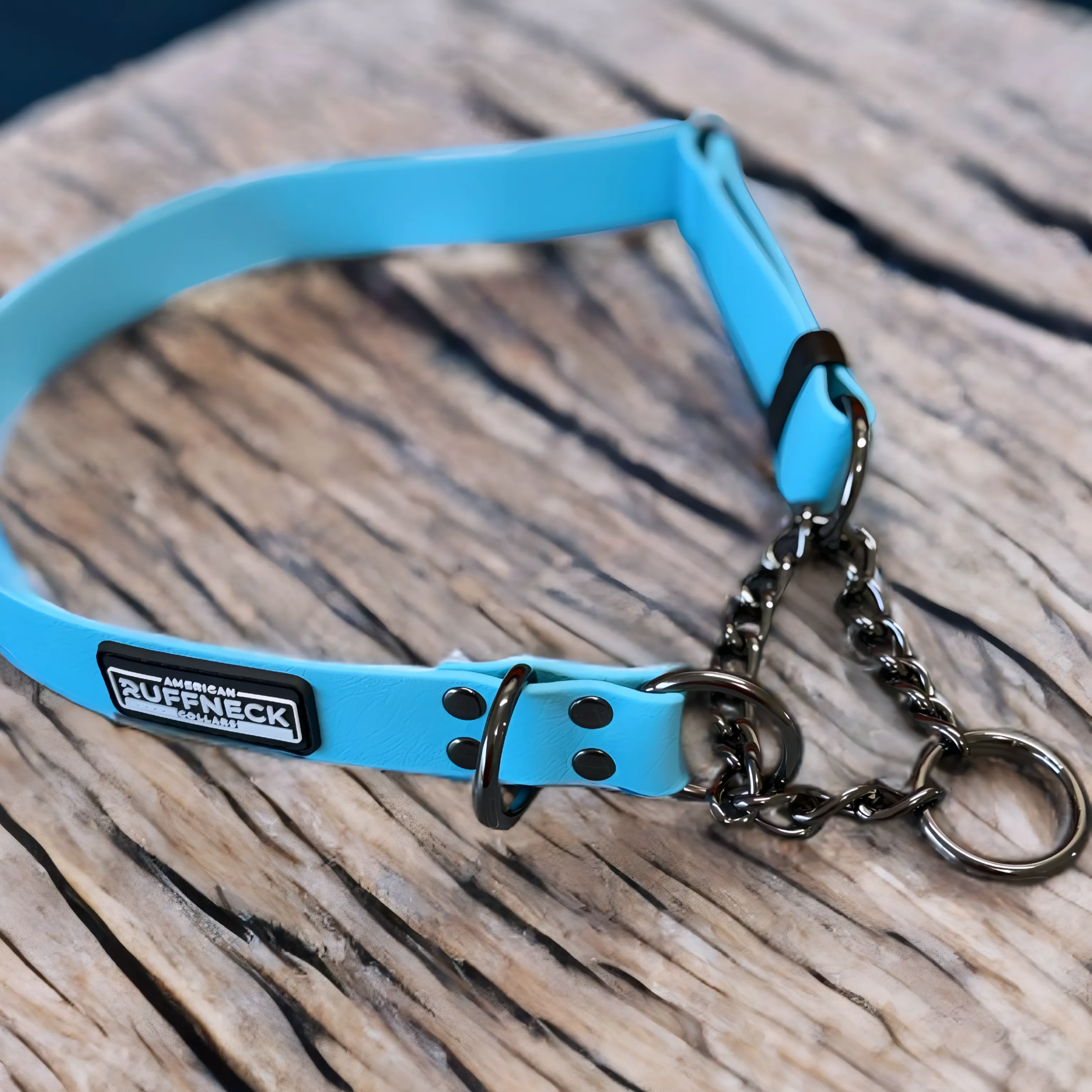 Biothane Maverick Martingale Collar by American Ruffneck Collars, shown in black with sturdy buckle and leash attachment.