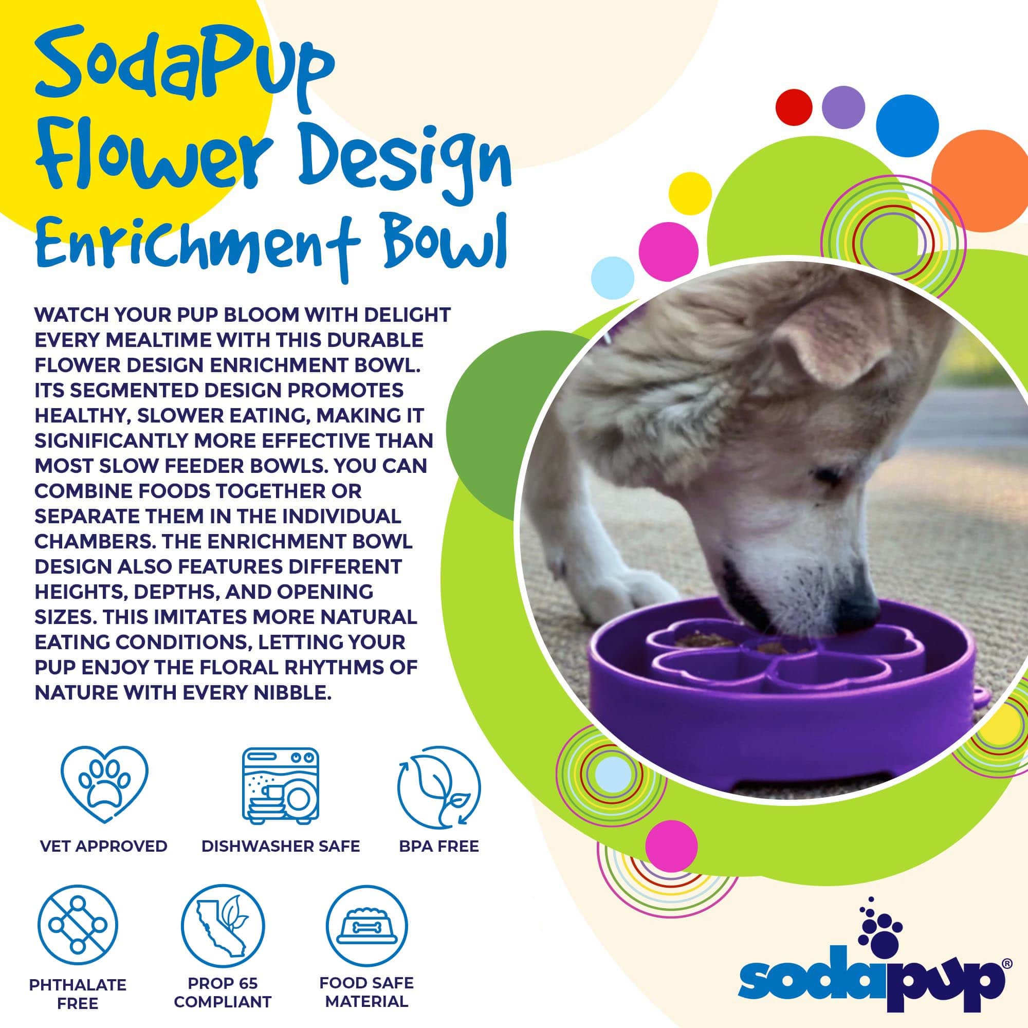 Pink flower design SodaPup EBOWL slow feeder bowl for dogs, featuring an enrichment flower pattern and durable construction.
