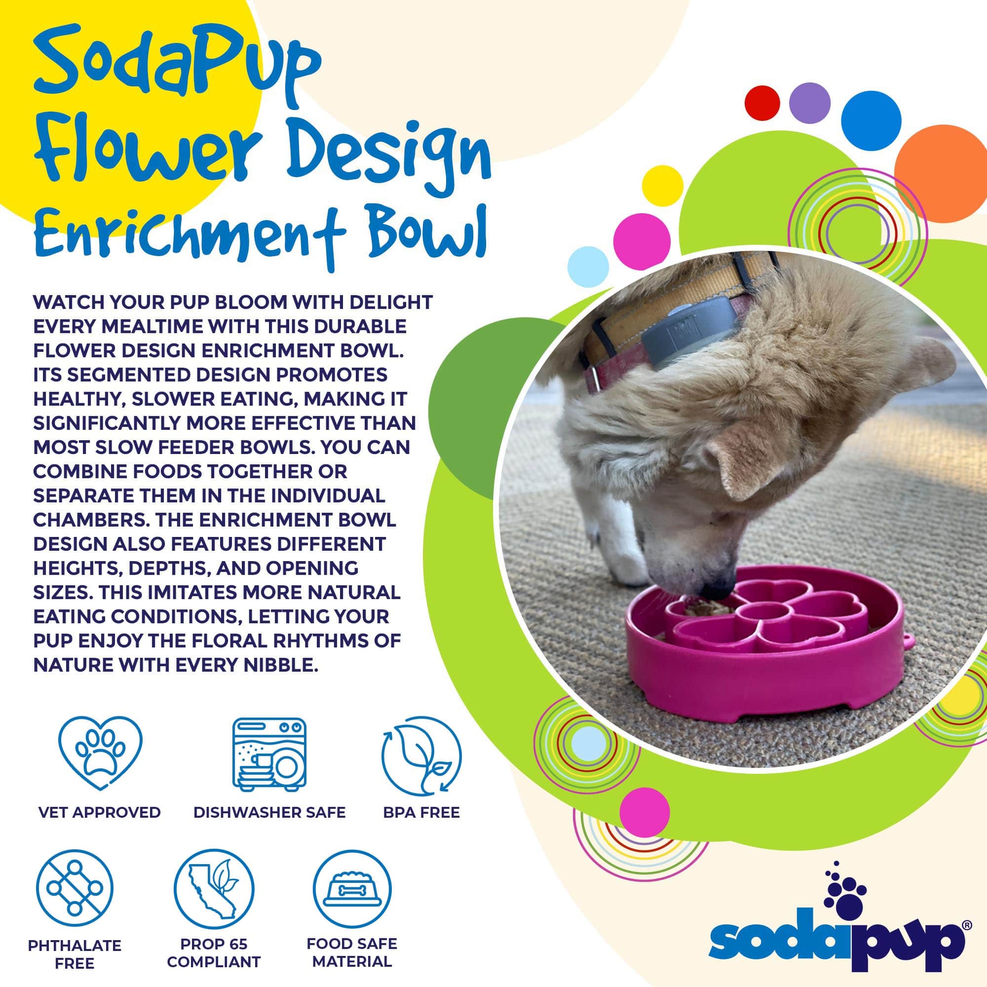 Pink flower design SodaPup eBowl slow feeder bowl for dogs with colorful flower pattern and floral enrichment features.