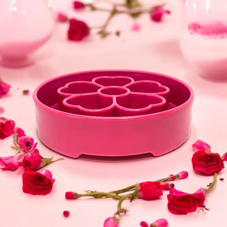 Pink Flower Design EBOWL slow feeder bowl for dogs by SodaPup/True Dogs, LLC with colorful flower pattern and durable plastic material.