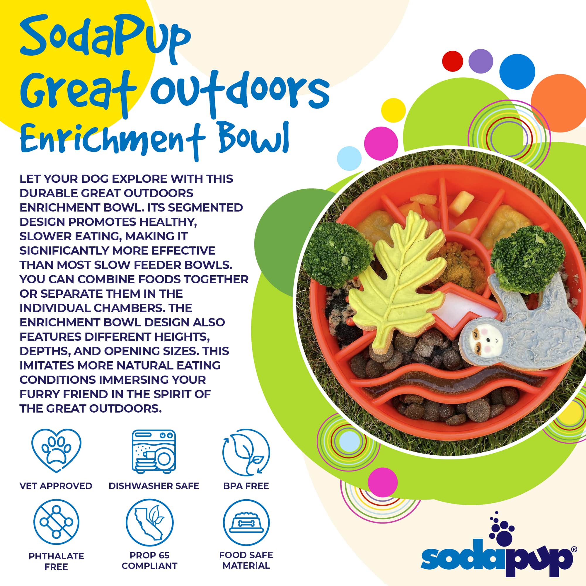 SodaPup True Dogs EBowl dog enrichment slow feeder bowl with Great Outdoors design in vibrant orange, made for dogs.