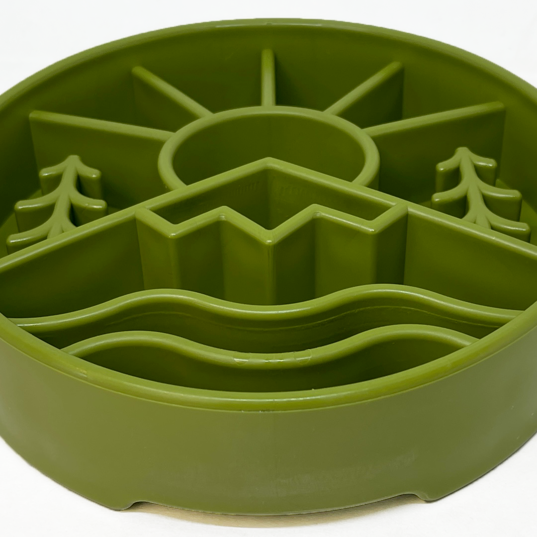SodaPup Great Outdoors Design eBowl for dogs, orange enrichment slow feeder bowl with outdoor-themed pattern.