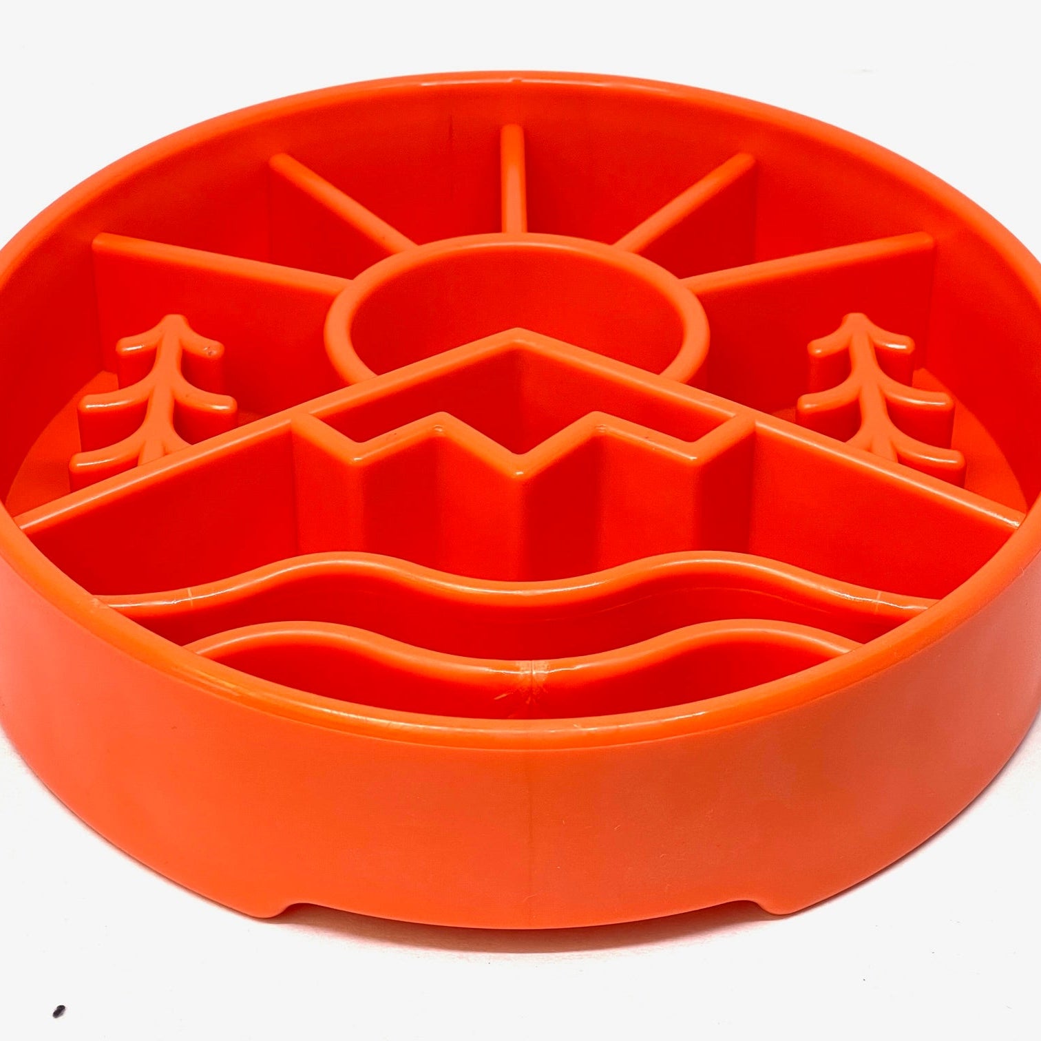 Orange SodaPup Great Outdoors Design EBOWL for dogs, enrichment slow feeder bowl with nature-inspired pattern.