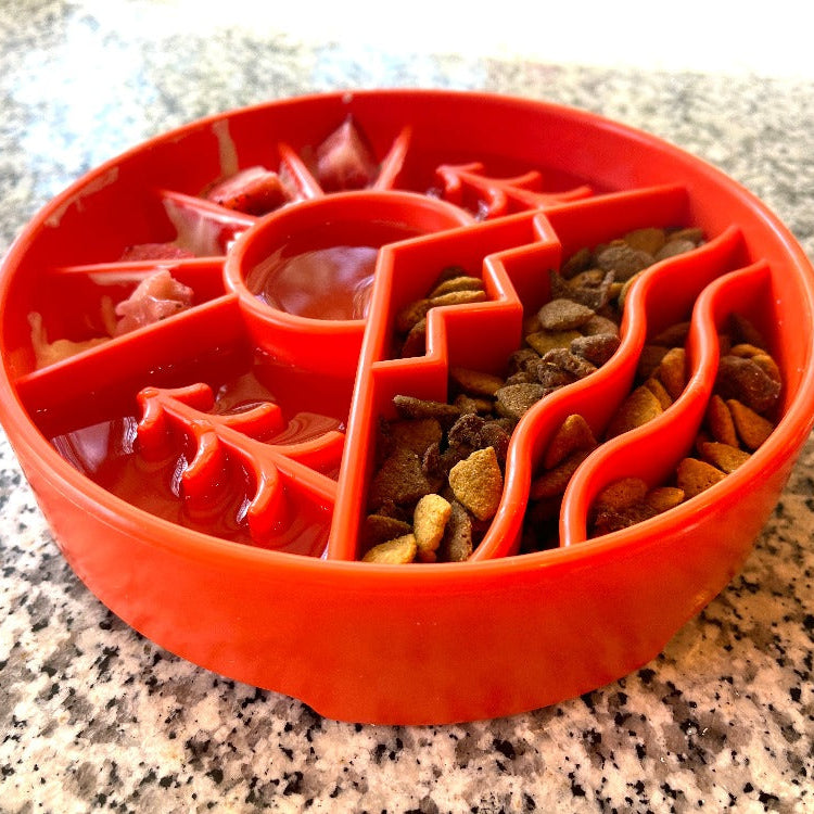 SodaPup/True Dogs EBOWL slow feeder dog bowl with outdoor-themed Great Outdoors design in orange, for enrichment and feeding.