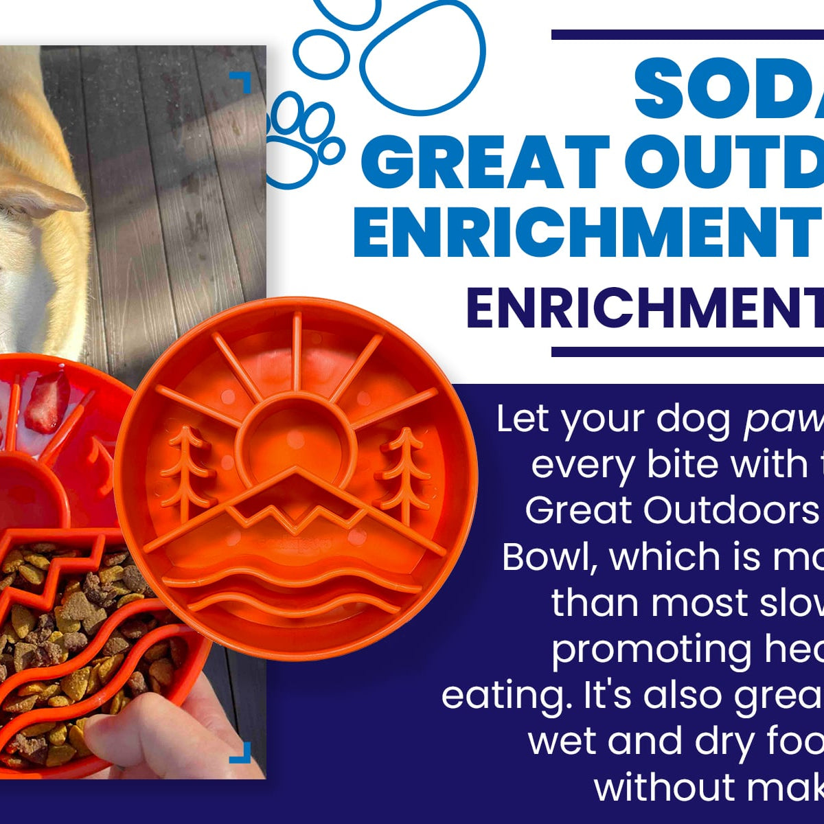 SodaPup True Dogs EBOWL dog enrichment slow feeder bowl with a Great Outdoors design in orange, featuring outdoor-themed patterns.