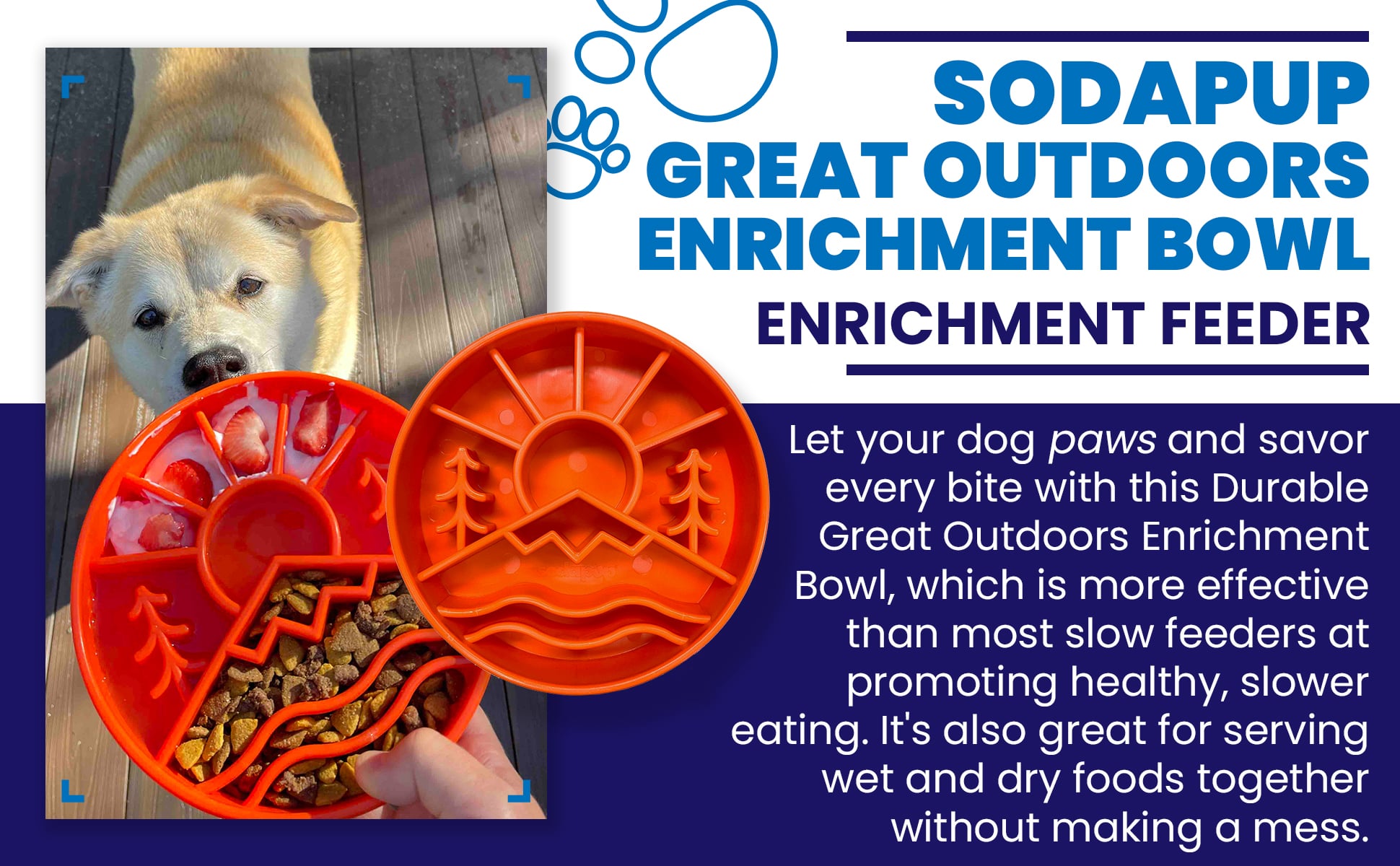 SodaPup True Dogs EBOWL dog enrichment slow feeder bowl with a Great Outdoors design in orange, featuring outdoor-themed patterns.