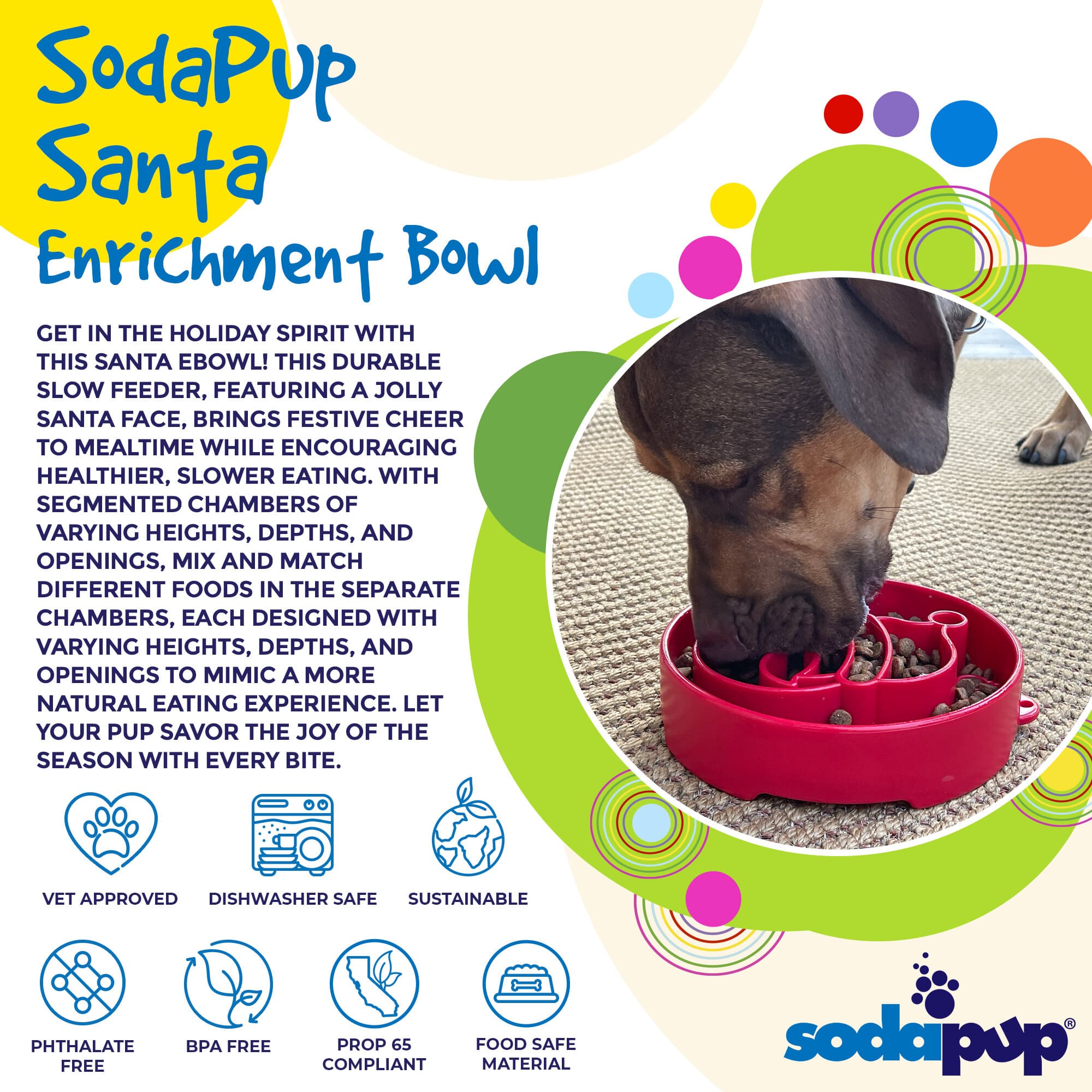 Red Santa design SodaPup eBowl for dogs, an enrichment slow feeder bowl with festive holiday theme.