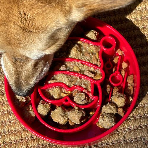 Red Santa design SodaPup EBOWL slow feeder dog bowl with festive holiday Santa motif for enrichment and mealtime fun.