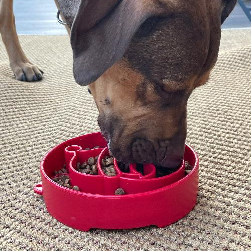 Red Santa design EBOWL slow feeder dog bowl by SodaPup, featuring festive Santa graphics for enrichment and mealtime fun.