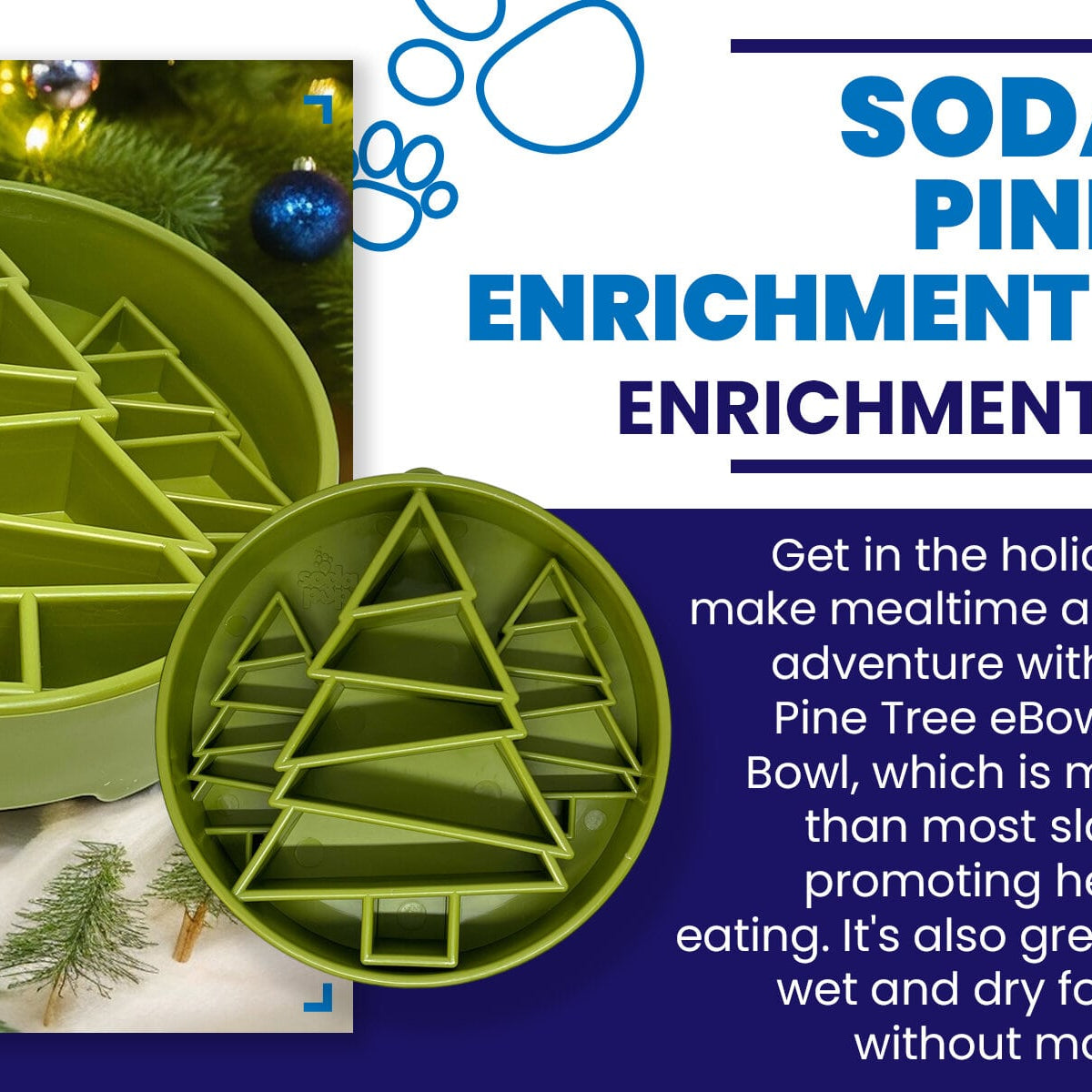 Green SodaPup EBOWL with pine tree design, a slow feeder dog bowl with a nature-inspired pattern for enrichment and mealtime fun.