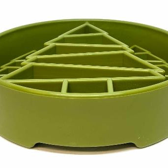 Green Pine Tree Design SodaPup EBOWL for dogs, a slow feeder enrichment bowl with a festive pine tree pattern.