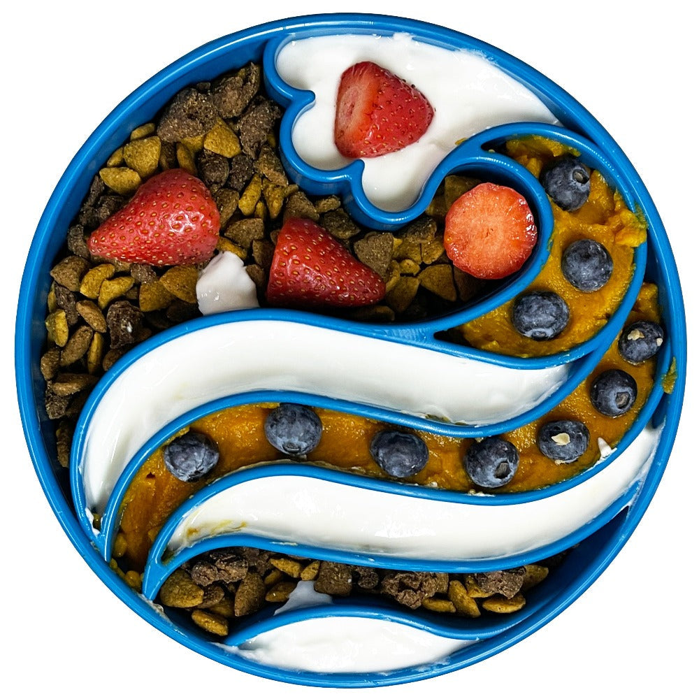 Blue wave design SodaPup EBOWL slow feeder bowl for dogs with wave pattern for enrichment and interactive feeding.