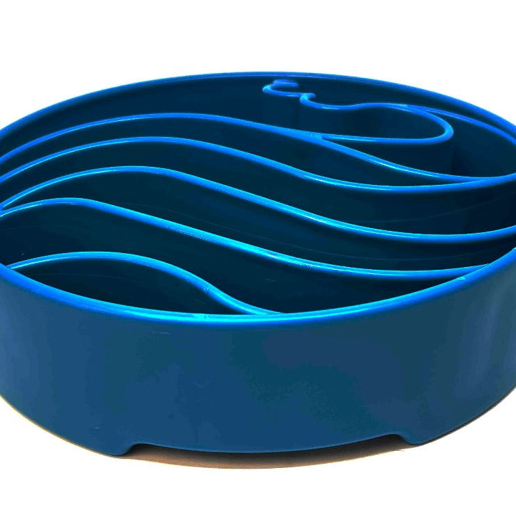 Blue Wave Design SodaPup EBowl for dogs, a slow feeder bowl with wave pattern for enrichment and interactive feeding.