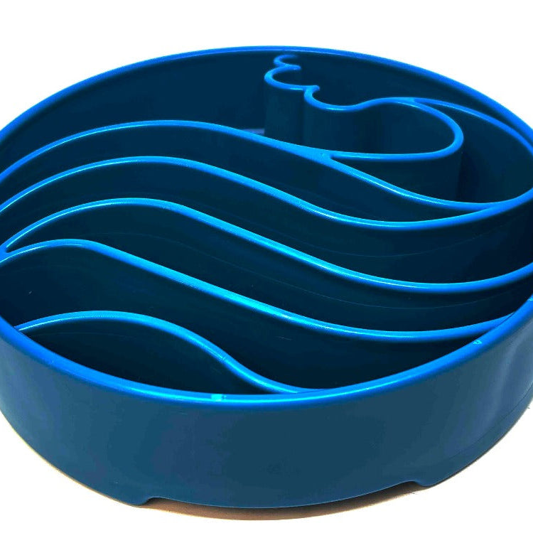 Blue Wave Design SodaPup eBowl for dogs, an enrichment slow feeder bowl with wave pattern, made by True Dogs LLC.