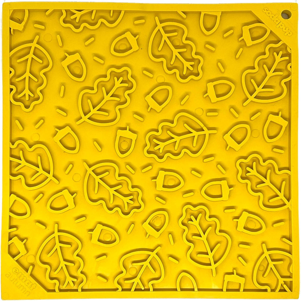 Autumn design SodaPup EMAT enrichment lick mat with fall-themed leaf patterns for dogs.
