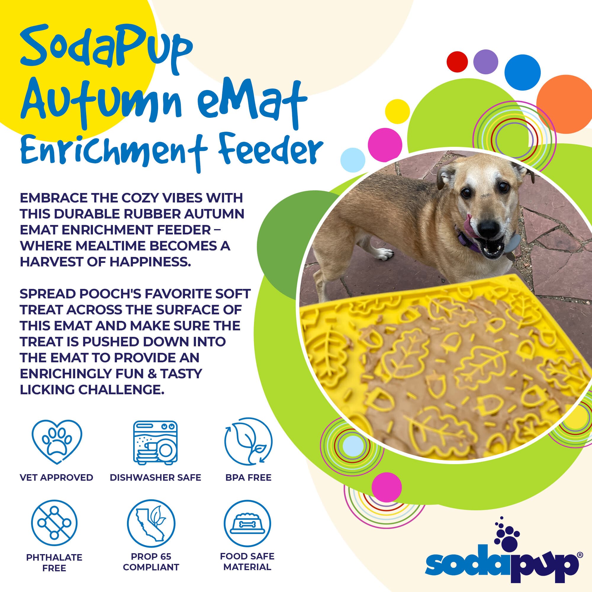 Autumn design EMAT enrichment lick mat from SodaPup/True Dogs, LLC, featuring a colorful seasonal pattern for dog enrichment.
