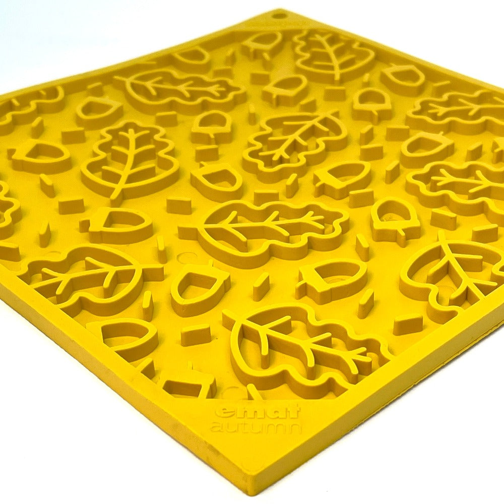 Autumn design EMAT enrichment lick mat by SodaPup/True Dogs, LLC, featuring colorful fall-themed patterns for dogs.
