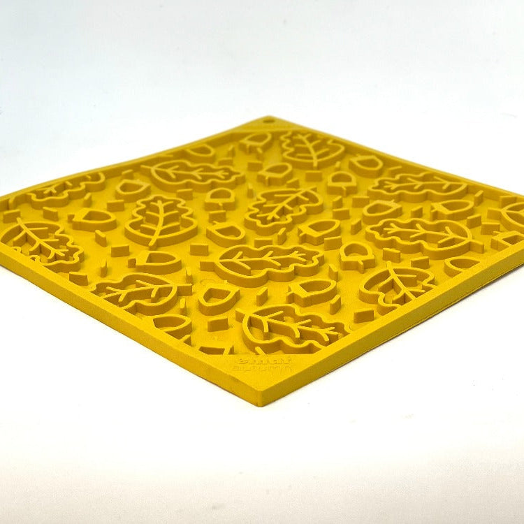 Autumn design EMAT enrichment lick mat by SodaPup/True Dogs, LLC featuring fall-themed patterns for dog mental stimulation.