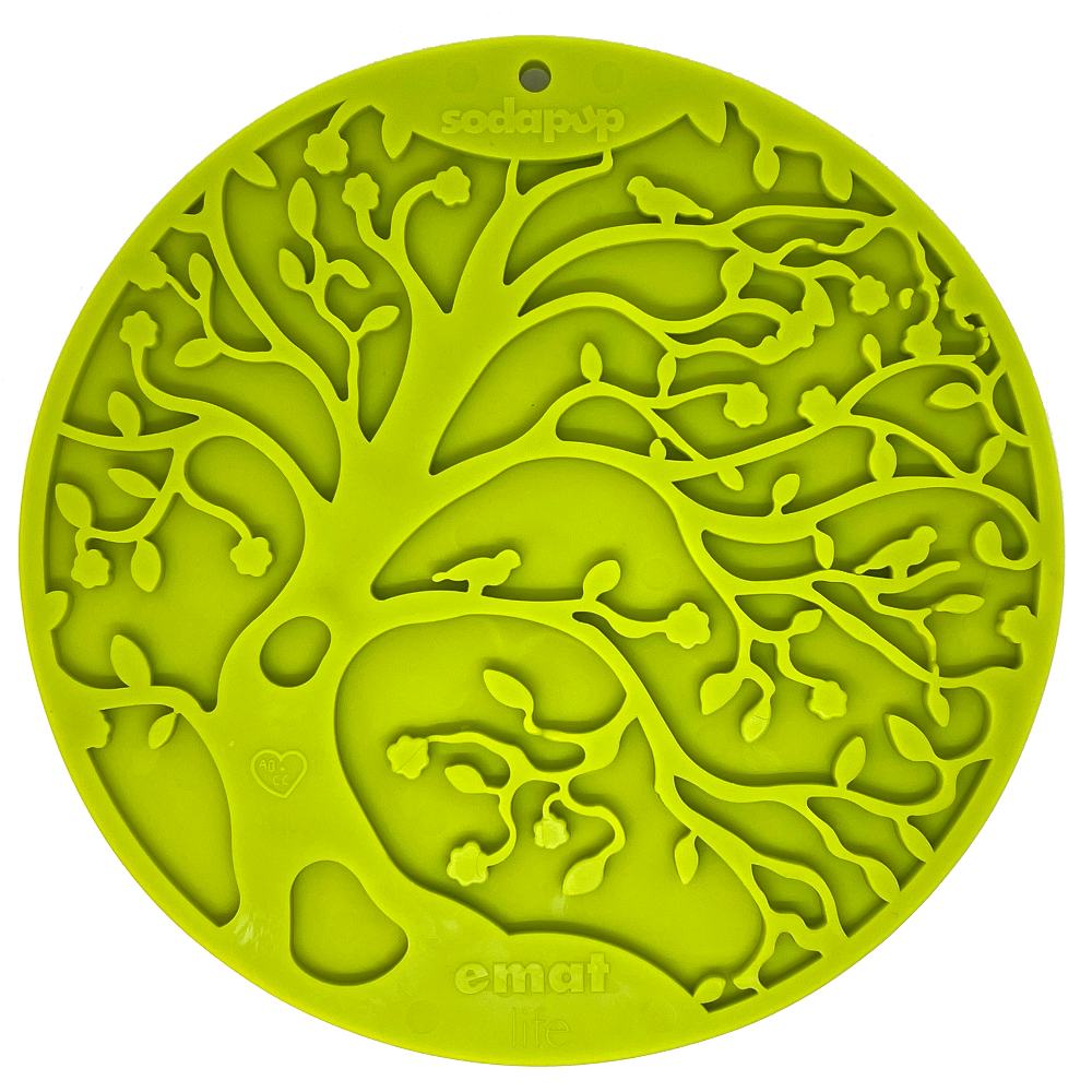 SodaPup True Dogs EMAT enrichment lick mat with green Tree of Life design and suction cups for interactive pet play.