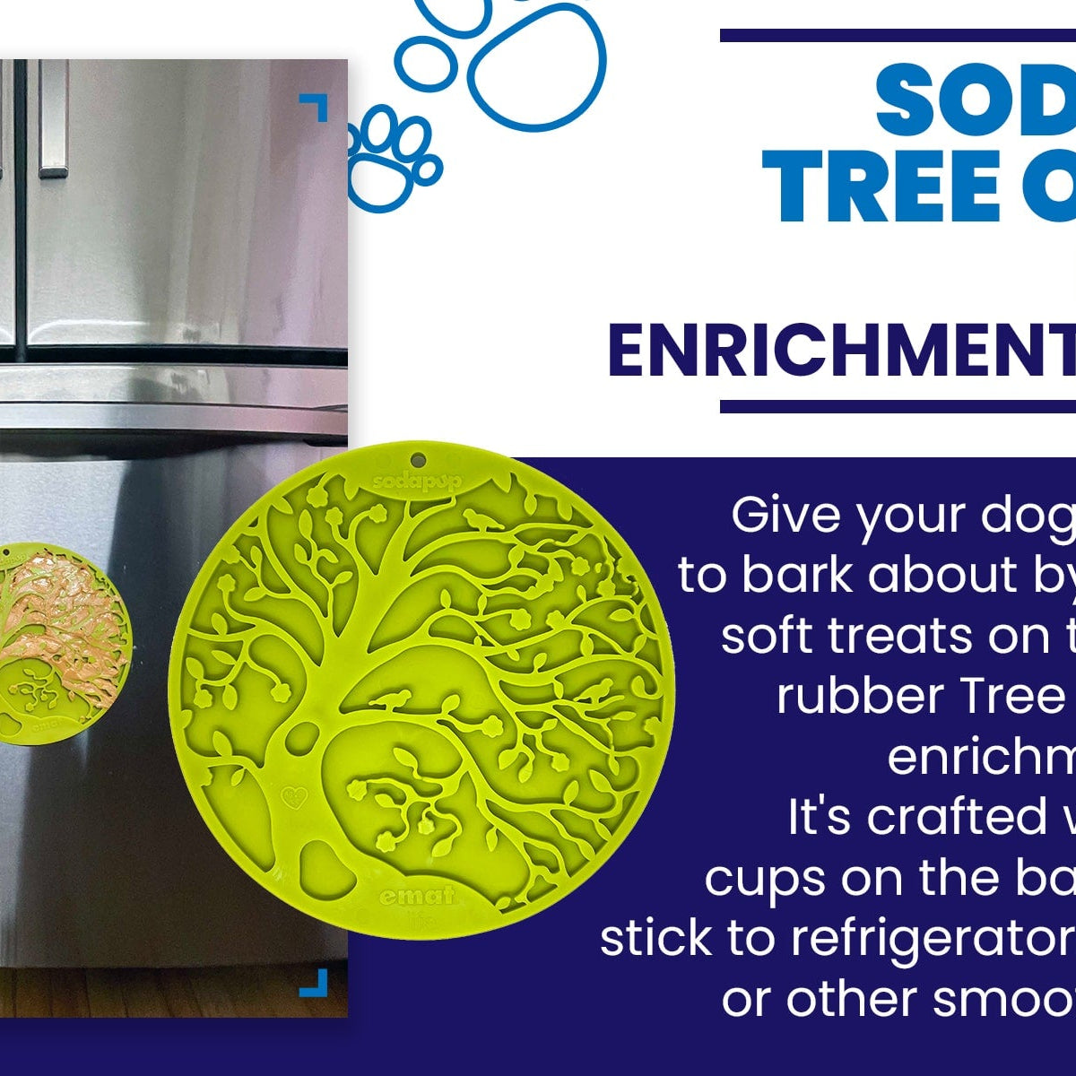 Green Tree of Life design SodaPup EMAT enrichment lick mat with suction cups for dogs, featuring a natural, textured surface.