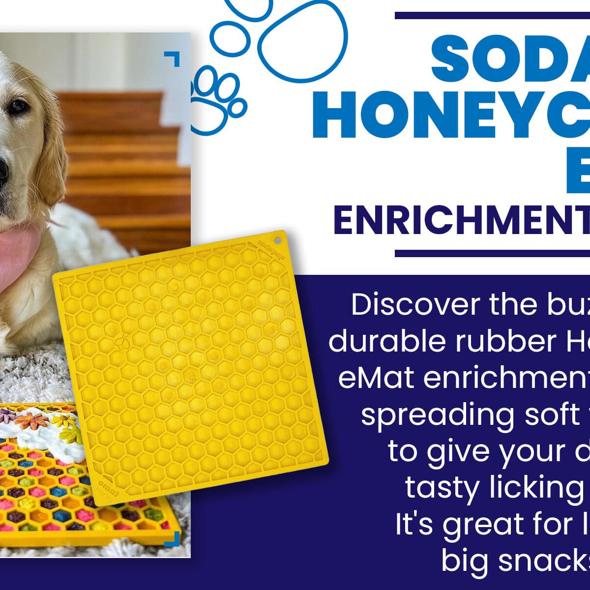 Large yellow Honeycomb Design EMAT Enrichment Lick Mat by SodaPup/True Dogs, LLC, featuring a honeycomb pattern for pet enrichment.