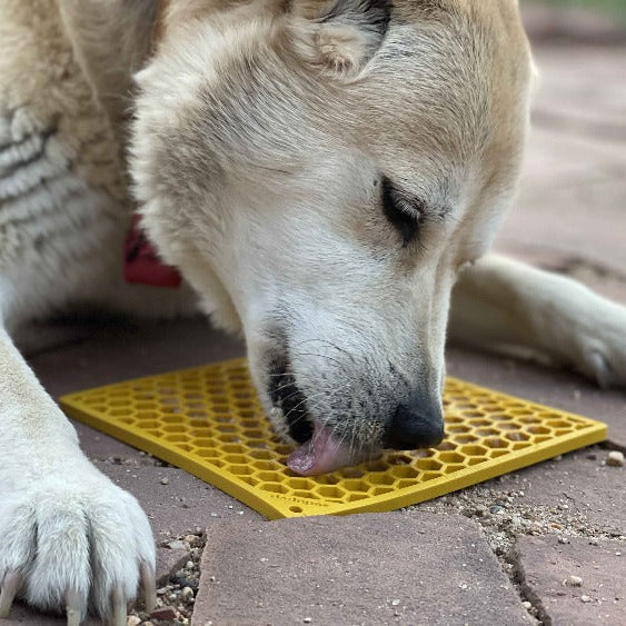 Large yellow Honeycomb Design EMAT Enrichment Lick Mat by SodaPup/True Dogs, LLC, showing textured honeycomb surface for dog enrichment