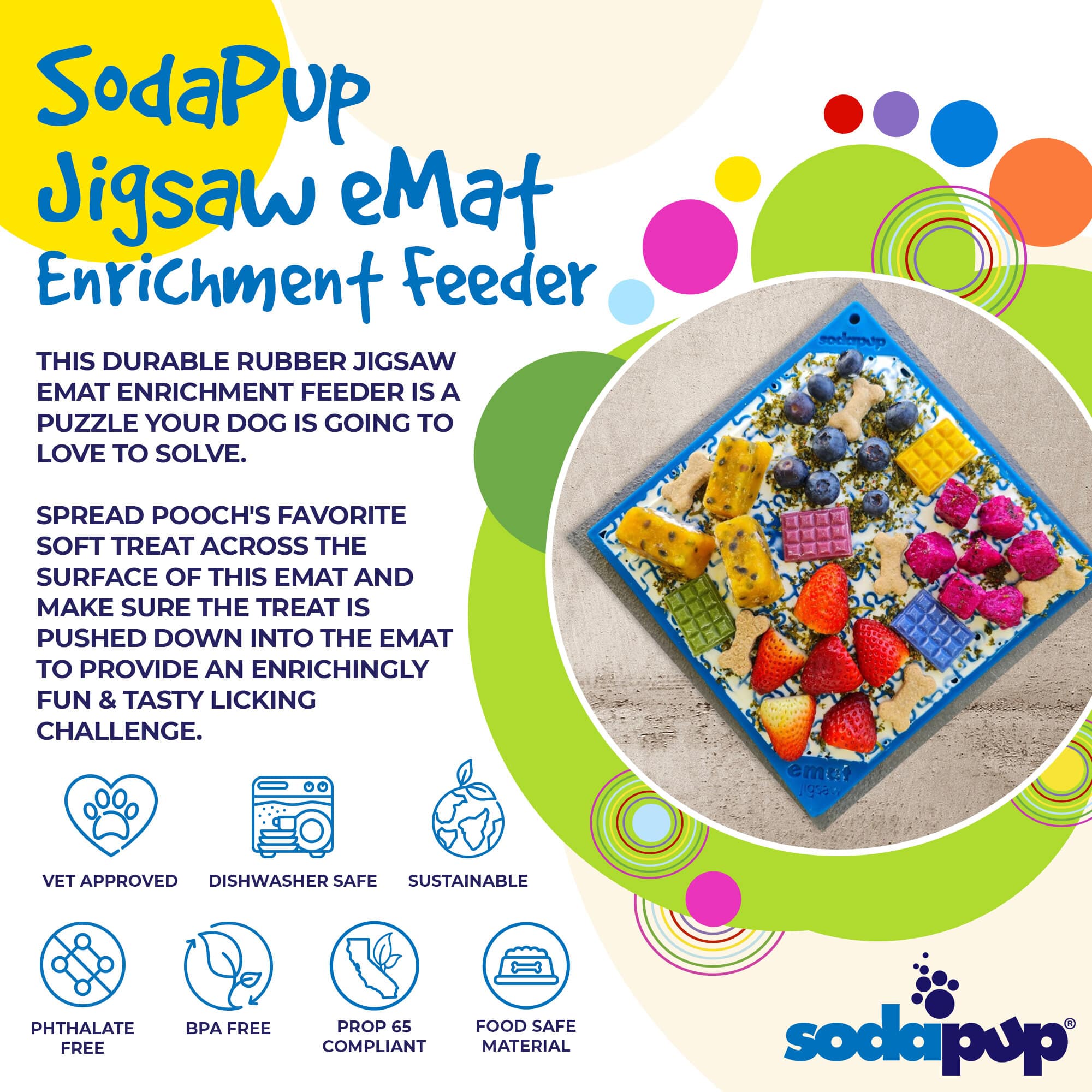 Blue Jigsaw Design eMat from SodaPup/True Dogs, LLC, an enrichment lick mat with puzzle pattern for dogs.