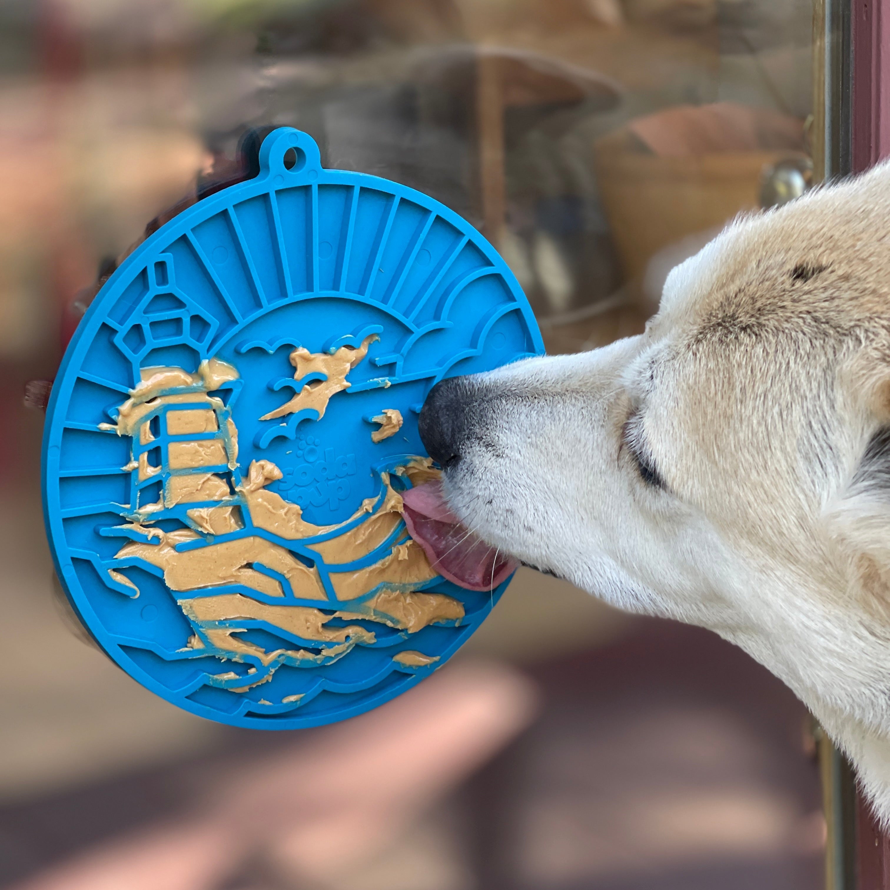 Seafoam blue Lighthouse eMat enrichment lick mat with suction cups from SodaPup/True Dogs, LLC for dog enrichment and fun.