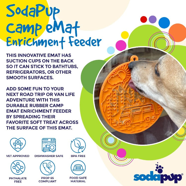 Orange SodaPup Camp eMat Enrichment Lick Mat for dogs, flexible silicone mat with textured surface for mental stimulation.