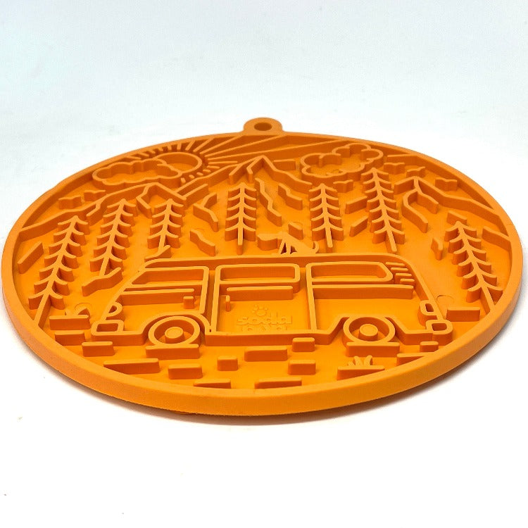 Orange SodaPup EMAT Camp eMat enrichment lick mat for dogs, designed for mental stimulation and interactive play.