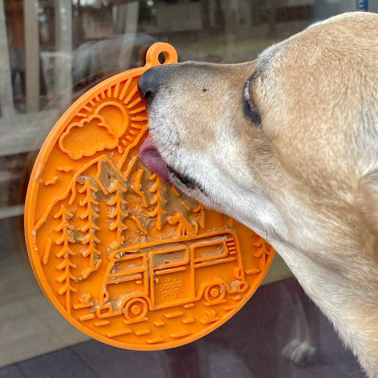 Orange Camp eMat enrichment lick mat by SodaPup, designed for dogs to lick and engage during play or training.