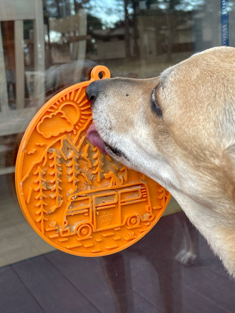 Orange Camp eMat enrichment lick mat by SodaPup, designed for dogs to lick and engage during play or training.