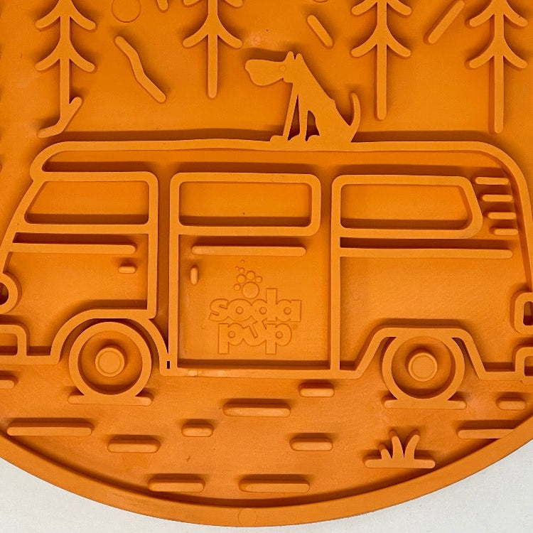 Orange SodaPup EMAT Camp E-Mat enrichment lick mat for dogs, designed for mental stimulation and interactive play.