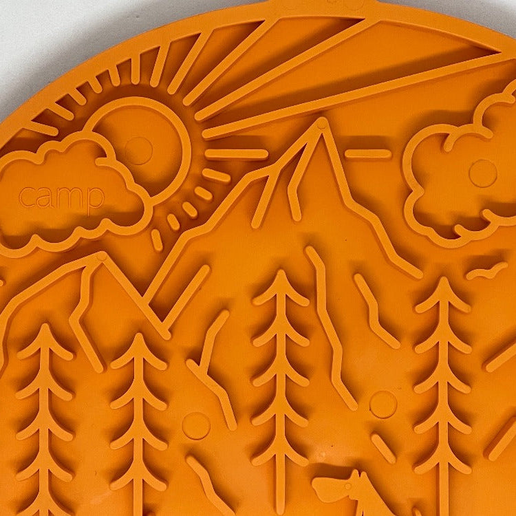 Orange SodaPup Camp eMat Enrichment Lick Mat for dogs, durable silicone design for mental stimulation and interactive feeding.