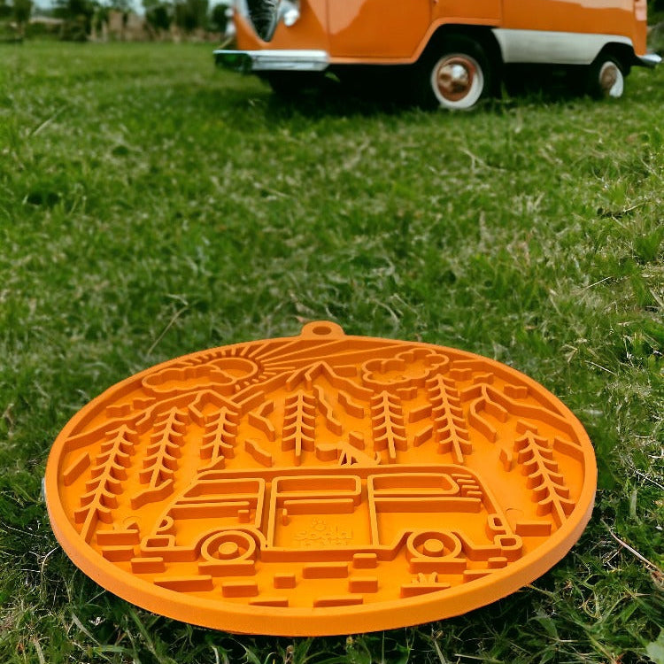 Orange Camp eMat Enrichment Lick Mat by SodaPup, durable silicone lick mat for dogs' mental stimulation and enrichment.