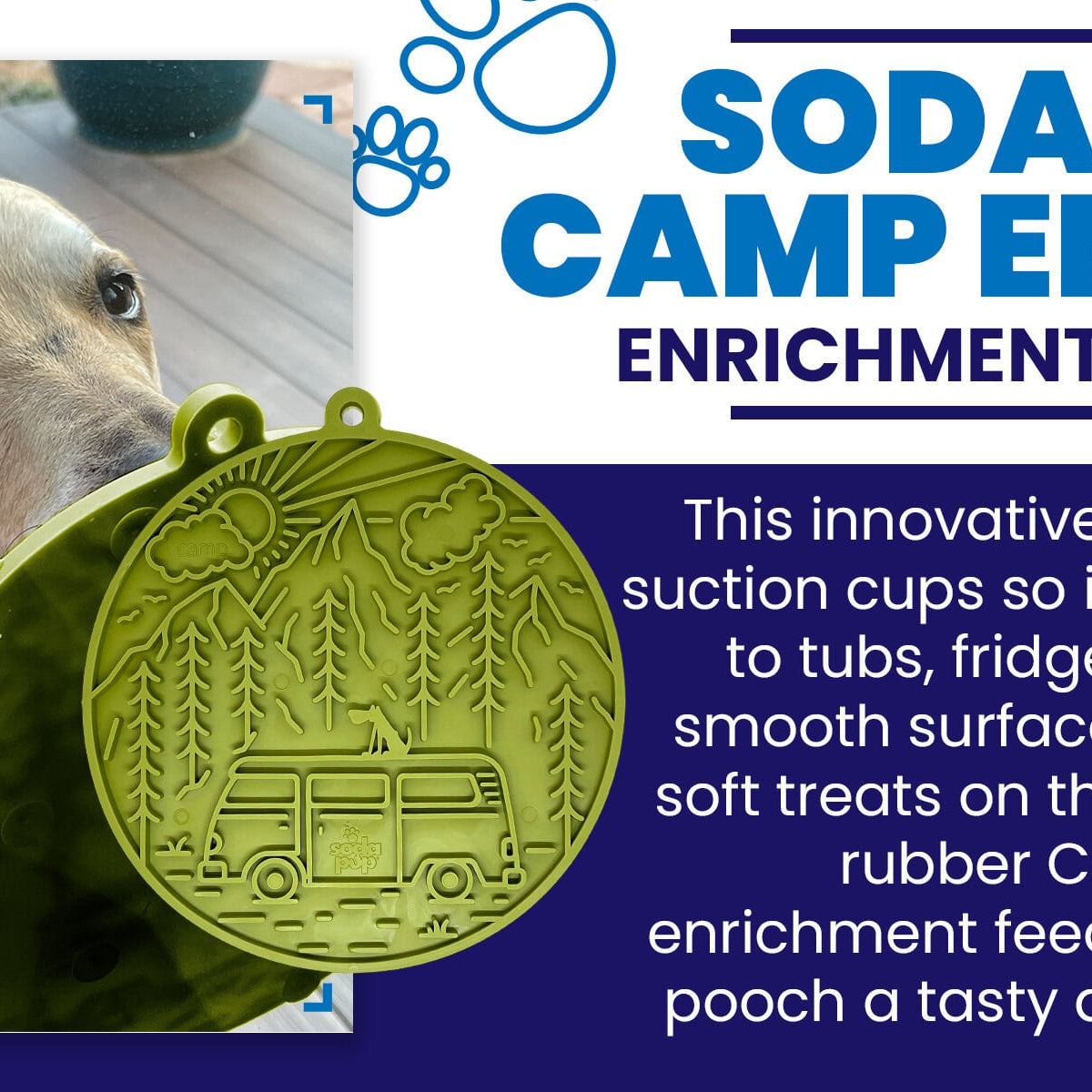 Orange SodaPup EMAT Camp eMat enrichment lick mat for dogs, with textured surface for engaging canine activity.