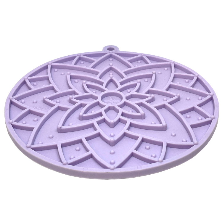 Pastel purple Lotus Design eMat Enrichment Lick Mat with suction cups by SodaPup/True Dogs, LLC for interactive pet enrichment.