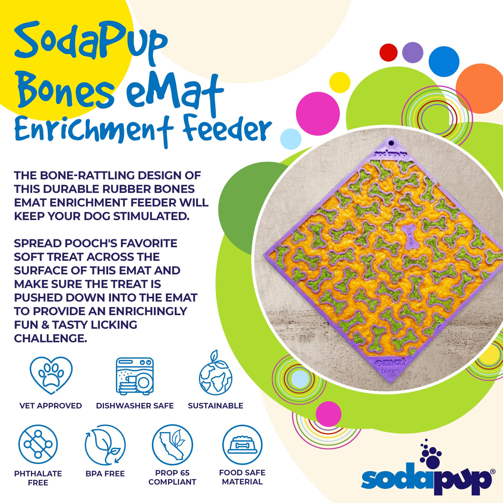 Purple Bones Design eMat Enrichment Lick Mat by SodaPup, soft silicone mat for dogs to chew and play with.