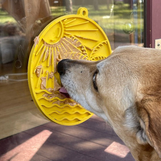 Sun n' Sea EMAT enrichment lick mat with suction cups by SodaPup, featuring a bright yellow design perfect for dogs.
