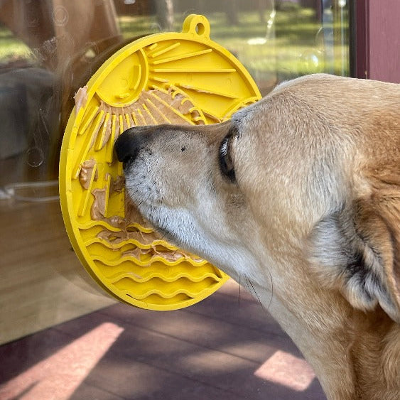 Yellow Sun n' Sea EMAT enrichment lick mat with suction cups by SodaPup/True Dogs, designed for dog enrichment and sensory play.