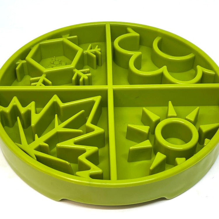 Green Four Seasons design SodaPup eTray enrichment shallow slow feeder dog bowl with four-season artwork and durable plastic construction.