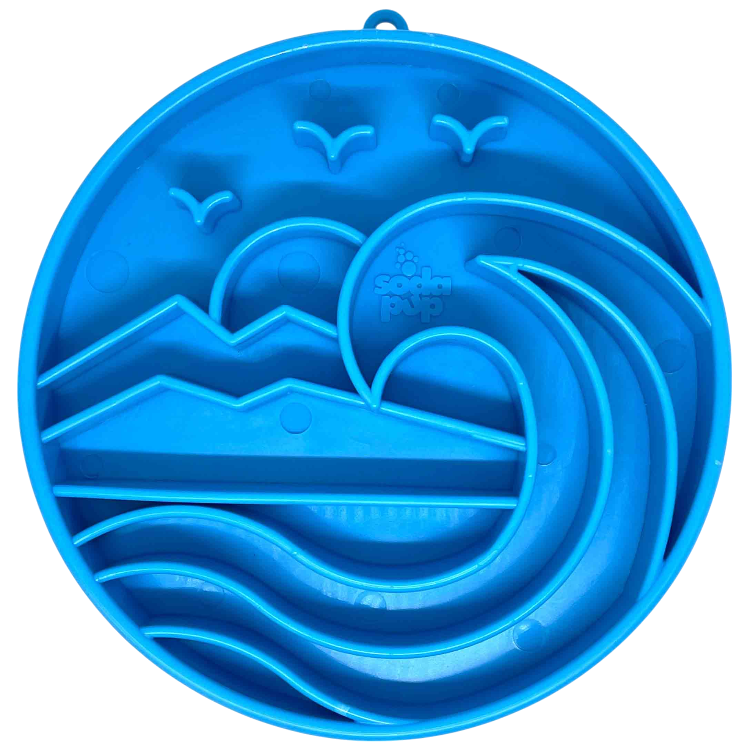 Blue Baja Design eTray Enrichment Shallow Slow Feeder Dog Bowl by SodaPup/True Dogs, LLC, designed for interactive feeding.