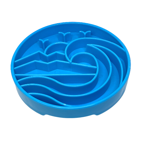 Blue Baja Design ETray enrichment shallow slow feeder dog bowl by SodaPup/True Dogs, LLC with raised edges and textured surface.